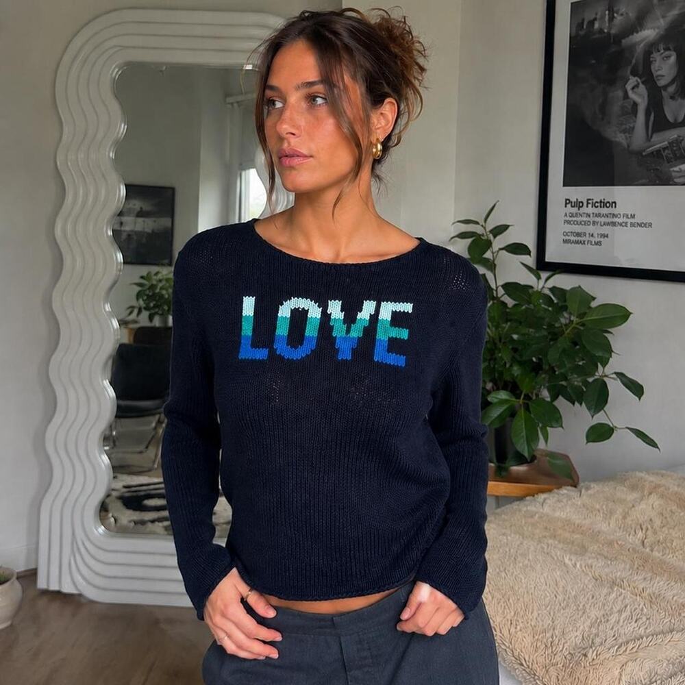 Wooden Ships LOVE Graphic Open Knit Sweater Navy Cotton Blend M/L